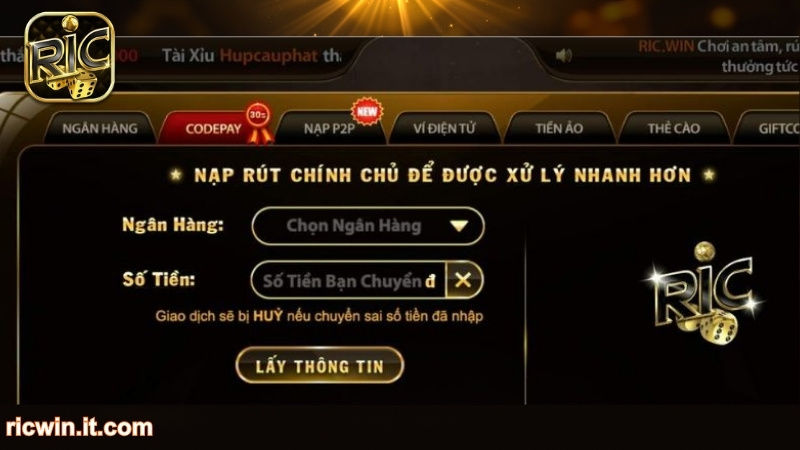 Hướng dẫn các bước nạp tiền RICWIN